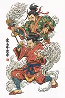 modern day raijin and fuijin with background looking through lens tattoo design idea