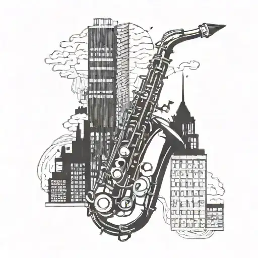 A sleek blackwork tattoo of a saxophone intertwined with cityscape buildings tattoo design idea
