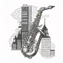 A sleek blackwork tattoo of a saxophone intertwined with cityscape buildings tattoo design idea