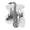 A sleek blackwork tattoo of a saxophone intertwined with cityscape buildings tattoo design idea