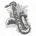 A sleek blackwork tattoo of a saxophone intertwined with cityscape buildings tattoo design idea