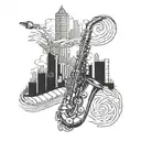 A sleek blackwork tattoo of a saxophone intertwined with cityscape buildings tattoo design idea