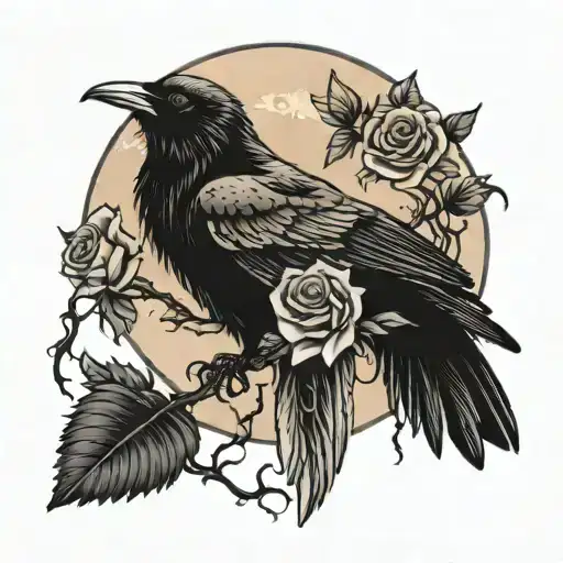 moon with crow perched with roses wrapped tattoo design idea