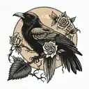 moon with crow perched with roses wrapped tattoo design idea
