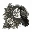 moon with crow perched with roses wrapped tattoo design idea