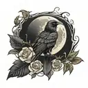moon with crow perched with roses wrapped tattoo design idea