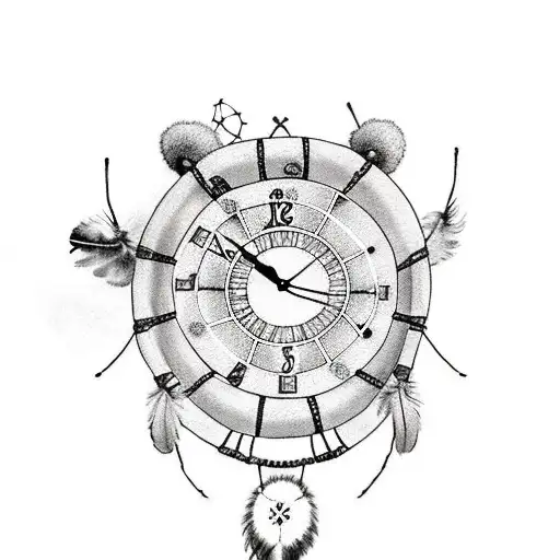Teddy Bear carrying a dreamcatcher with a clock in the centre bit showing the time 10:36 tattoo design idea