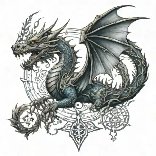 dragon, elden ring runes, the threads of fate tattoo design idea