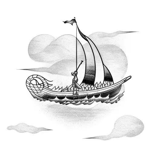 A Viking ship sailing through stormy seas with lightning striking in the background tattoo design idea