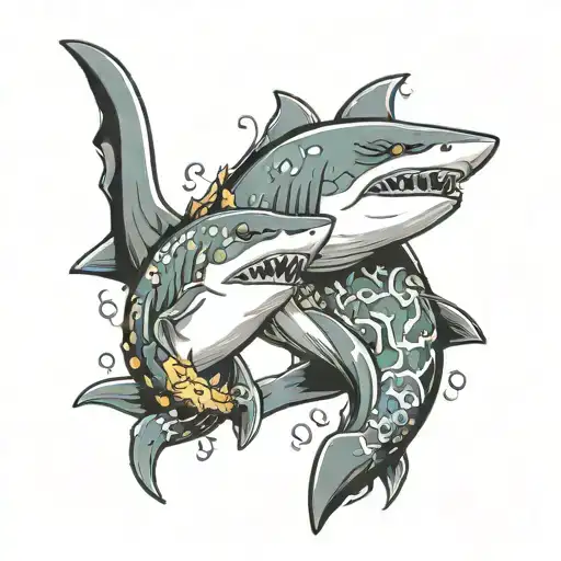 two cartoon sharks holding their fins must be father and daughter tattoo design idea