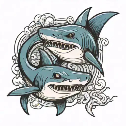 two cartoon sharks holding their fins must be father and daughter tattoo design idea