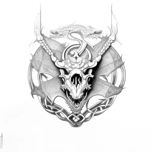 A mechanical dragon skull fused with celtic symbols, reflecting the client's technical expertise and love for ancient art tattoo design idea