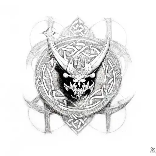 A dragon skull with celtic runes embedded in its bones, embodying the client's passion for both mystical creatures and ancient cultures tattoo design idea