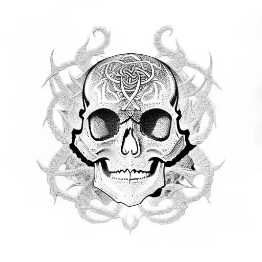 A skull adorned with intricate celtic patterns and dragon scales, representing the cycle of life and death tattoo design idea