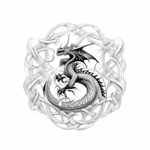 A futuristic dragon intertwined with celtic knots and motifs, symbolizing the balance between tradition and innovation tattoo design idea