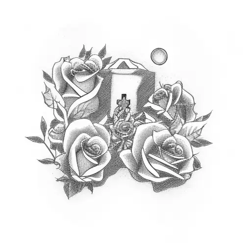 Cross with clouds and roses memorial tattoo design idea