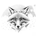 A black and grey illustration of a solitary red fox perched on a stack of books with a starry sky backdrop tattoo design idea