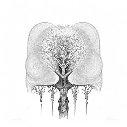 Psychedelic ascension of the soul depicted as a woman and the tree of life containing dna strands tattoo design idea