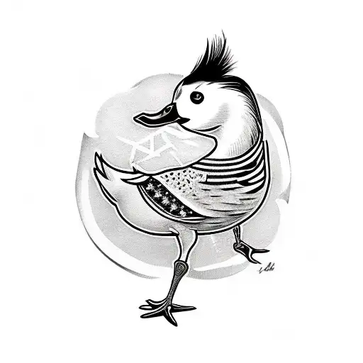A tattoo in American Traditional style, in grayscale, of a duck dancing doing the vogue tattoo design idea