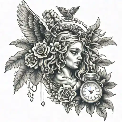 tattoo with an angel and a small rosary, with sketches of childhood and sacrifices and the staff of Aesculapius tattoo design idea