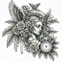 tattoo with an angel and a small rosary, with sketches of childhood and sacrifices and the staff of Aesculapius tattoo design idea