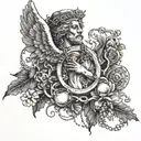 tattoo with an angel and a small rosary, with sketches of childhood and sacrifices and the staff of Aesculapius tattoo design idea