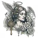 tattoo with an angel and a small rosary, with sketches of childhood and sacrifices and the staff of Aesculapius tattoo design idea