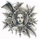 tattoo with an angel and a small rosary, with sketches of childhood and sacrifices and the staff of Aesculapius tattoo design idea