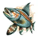 A realistic portrait of a Sarai Salmon with intricate details and vibrant colors tattoo design idea