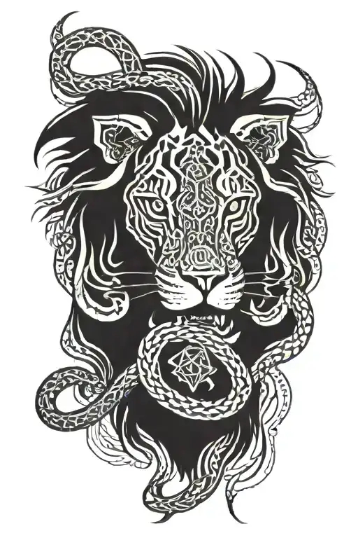 lion eating snake intertwined tattoo design idea