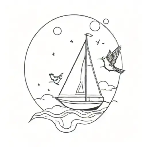 sail boat and Robin bird flying tattoo design idea
