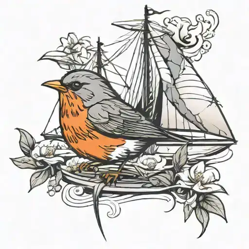 robin bird and sail boat tattoo design idea