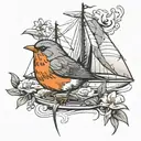 robin bird and sail boat tattoo design idea