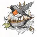 robin bird and sail boat tattoo design idea