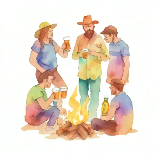 four shadow figures around a campfire drinking beers tattoo design idea