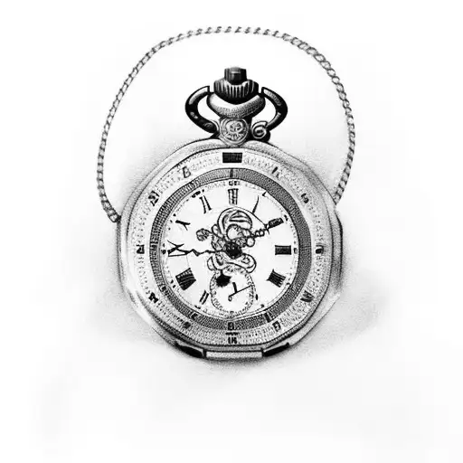 Black and Grey "Pocket Watch With Chain" Tattoo Idea BlackInk AI