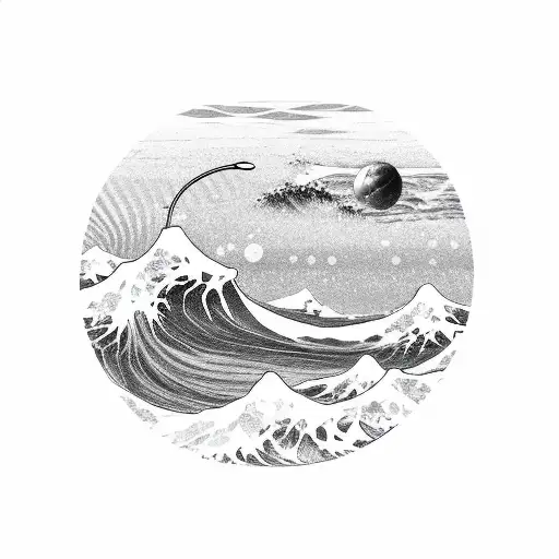 Japanese wave with saturn in the background tattoo design idea