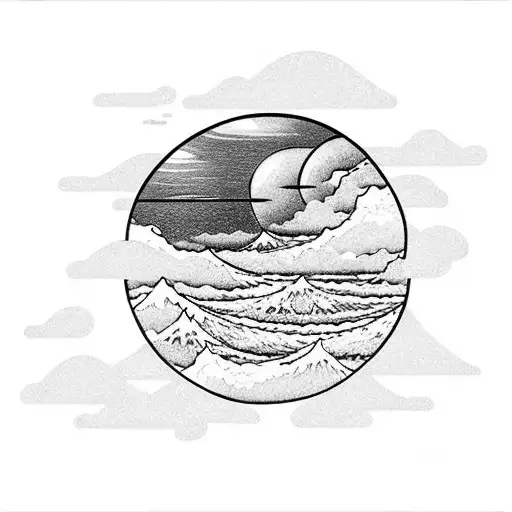 Japanese wave with a big saturn over it and japanese clouds in the background even higher up tattoo design idea