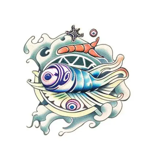 Snails, seaweed, waves, starfish, fish and a submarine tattoo design idea
