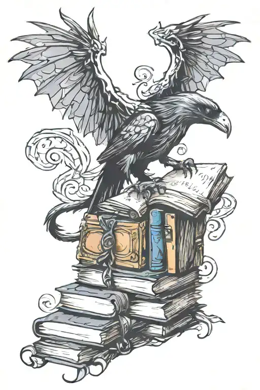 fantasy, books, dragons, raven perched tattoo design idea