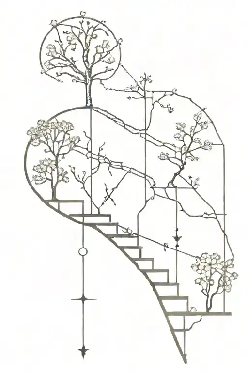 Libra constellation, Stairs, broken Mirror, Daisy, Tree roots tattoo design idea