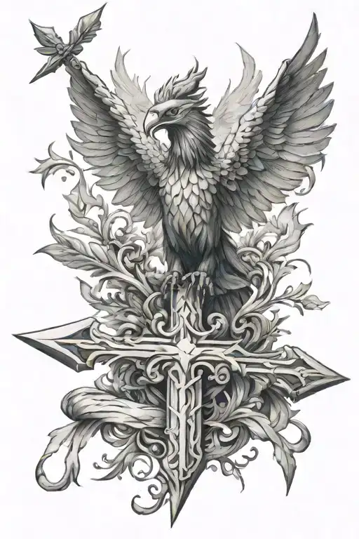 Phoenix with light expression, rising and holding with the mouth an arrow Christian cross formed, and sleeves tattoo design idea