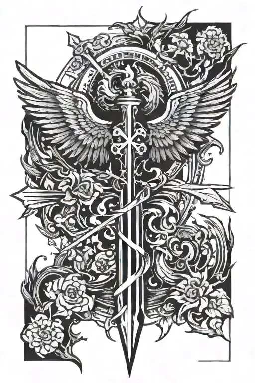 Phoenix with light expression, rising and holding with the mouth an arrow Christian cross formed, and sleeves tattoo design idea