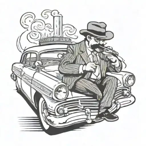fat italian guy in a pinstripesuit and a hat sitting in the back of an ford mercury smoking a cigar  tattoo design idea