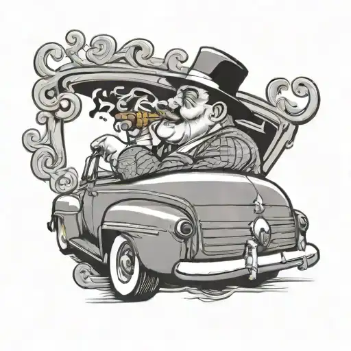 fat italian guy in a pinstripesuit and hat sitting in the back of an classic ford mercury smoking a cigar tattoo design idea