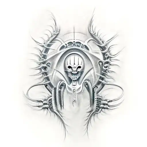 Create a tattoo design featuring a small tear in the skin revealing biomechanical features reminiscent of H.R. Giger's i tattoo design idea