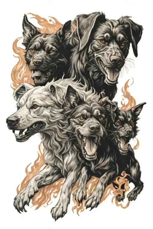 cerberus 3 head dog in attack stance surrounded by fire tattoo design idea