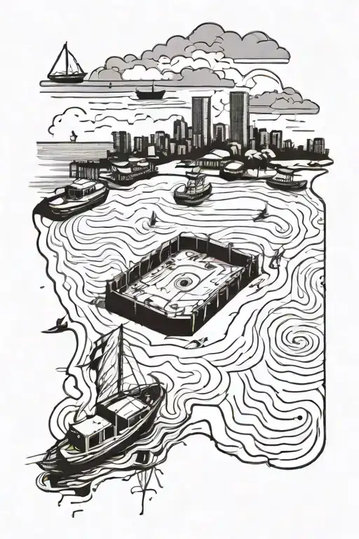 A beach scene with a sandbar shaped like a baseball diamond, surrounded by boats tattoo design idea