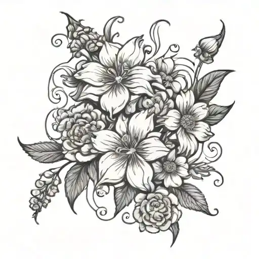 larkspur flowers intertwined with carnation and cosmos   tattoo design idea