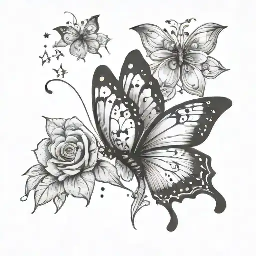butterfly with stars and flowers    tattoo design idea